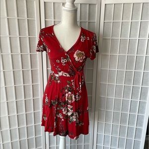 👗 Red Floral V-Neck Short Sleeve Summer Dress